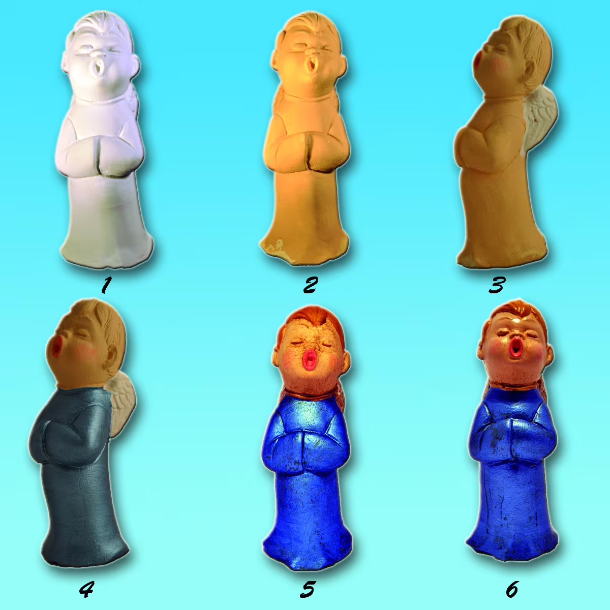 Les étapes d'un ange choriste, du plâtre blanc à la figurine peinte.